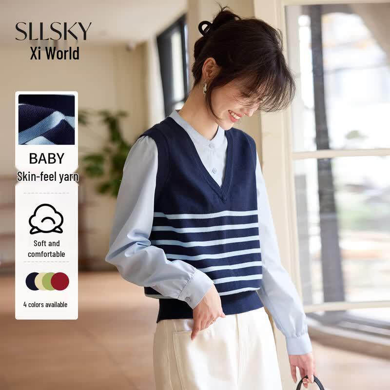 Women s Faux Two-Piece Striped Knit Vest & Shirt L фото