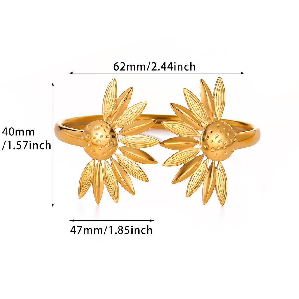 Gold Color Double Sun Flower Open Bracelet For Women Elegant Stainless Steel Cuff Bangles Waterproof Summer Jewelry Fashion Gift