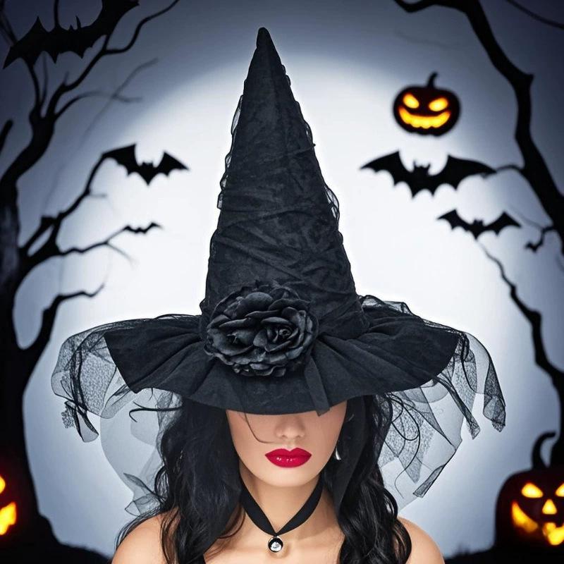Black Lace Bow Witch Hat for Halloween Cosplay and Ghost Festivals