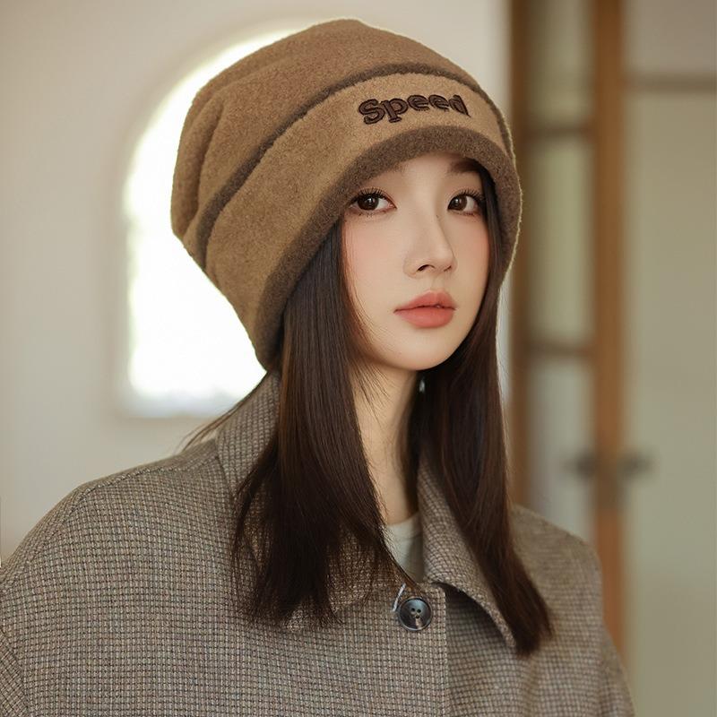 Autumn and winter hat women's big head circumference showing face small bucket hat versatile headgear outdoor warm and fleece stacking hat