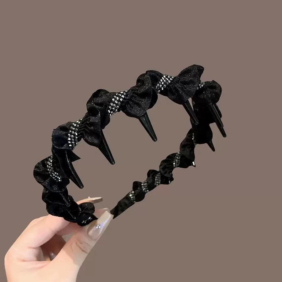 Women French Sparkling Pearl Wavy Headband, High Skull Top Toothed Hair Band, Non-slip External Wear Pressure-Reducing Hair Accessory