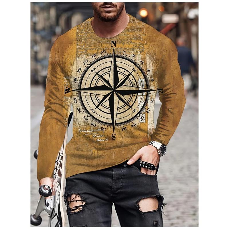 Vintage Compass Graphic Men's T-shirts Fashion Spring Autumn Long Sleeve Round 3D Printed Loose Streetwear Tops