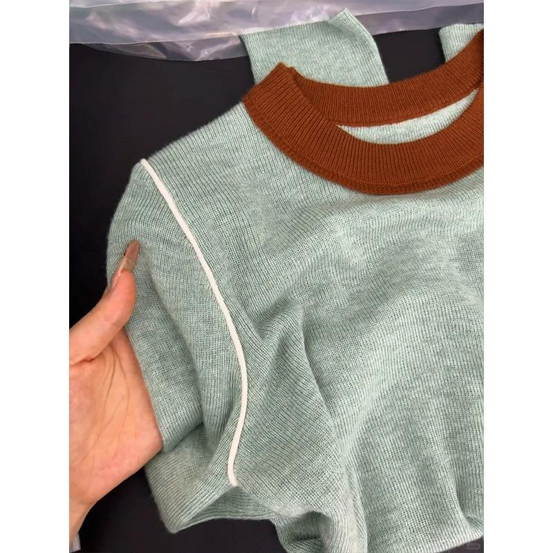 Crew neck contrasting knitted bottoming shirt women's spring slim-fitting soft waxy inner sweater age-reducing top