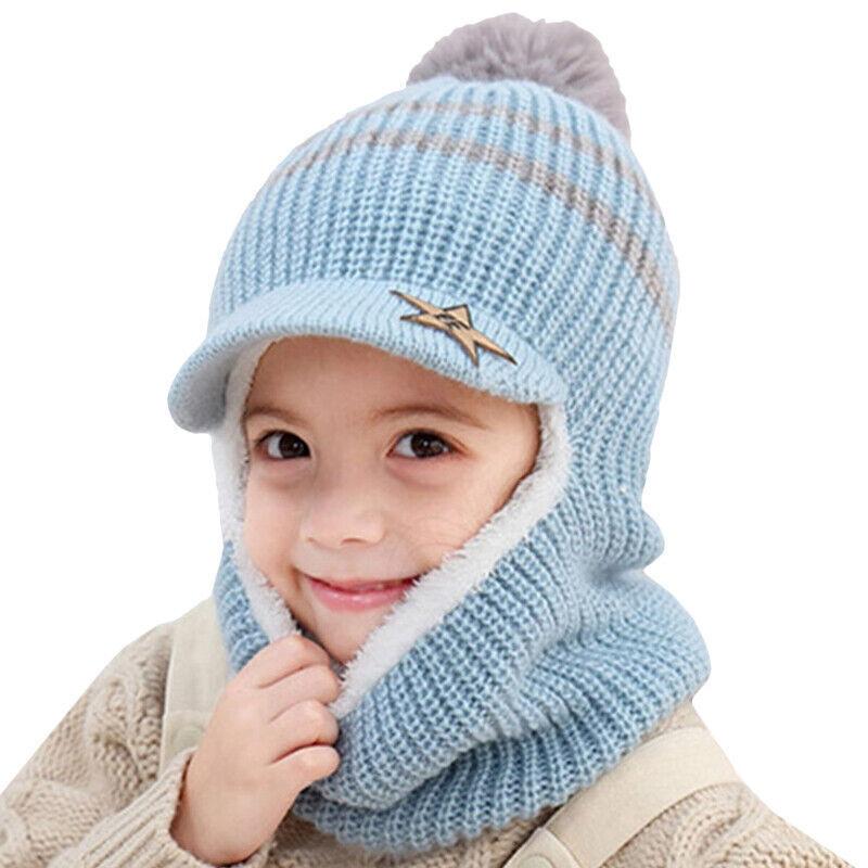 Kids Girls Boys Toddler Baby Winter Warm Hat Hooded Scarf Earflap Knitted Cap