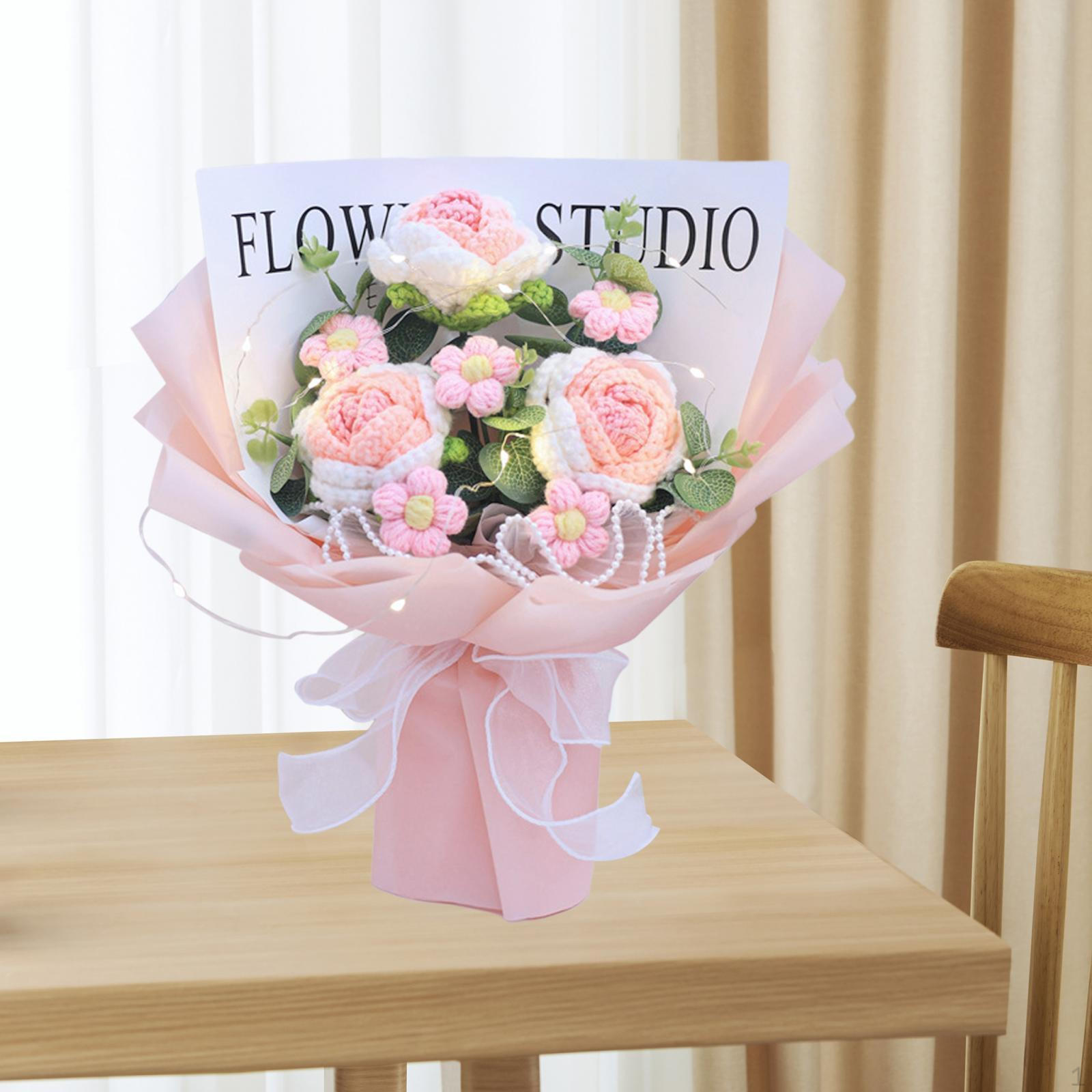 Completed Crochet Flowers Bouquet with Light Handmade Knitted Artificial Flower Finished розовый