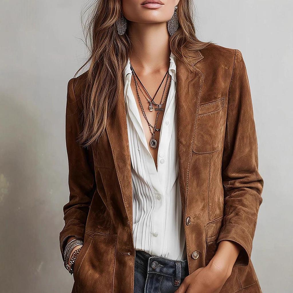 Elegant Brown Suede Plush Women's Jacket with Pockets and Buttons - 2026 Autumn Collection