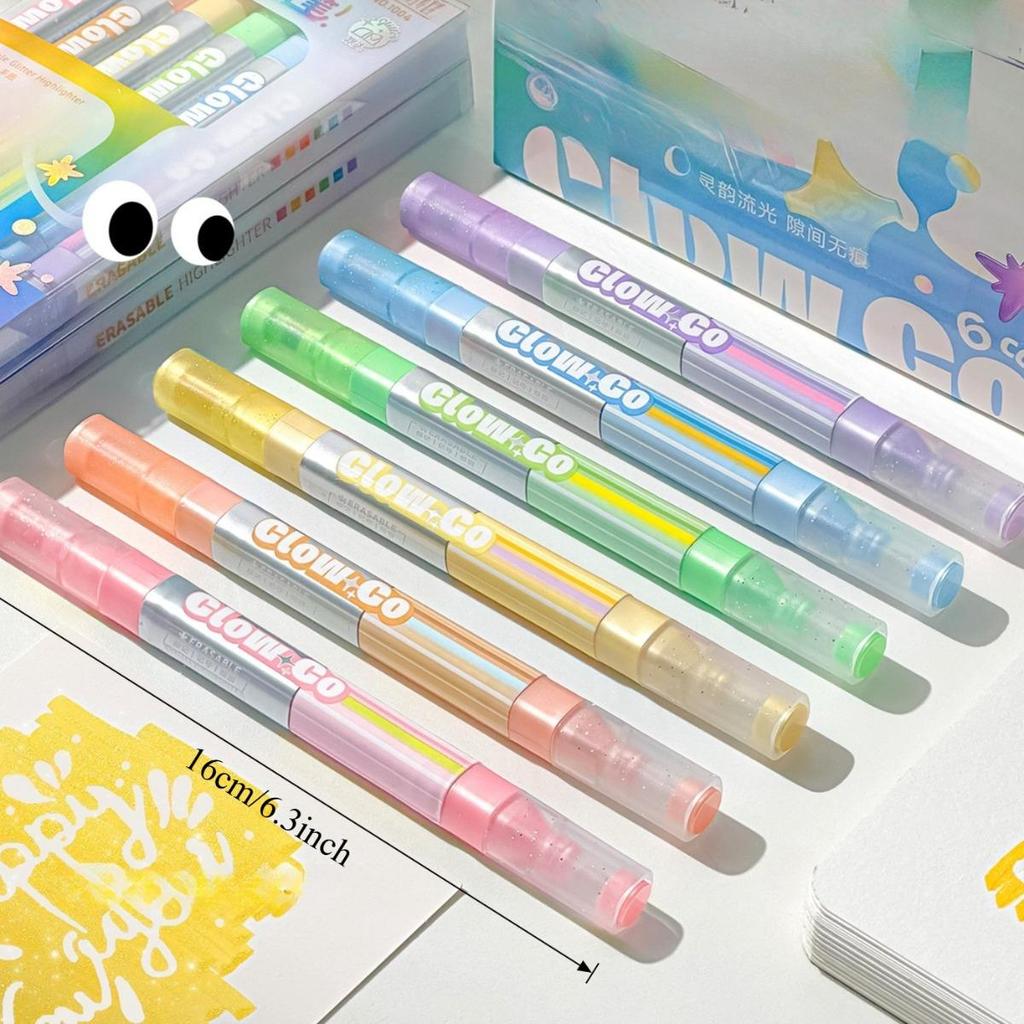 6pcs Dual-Tip Highlighters Set Erasable with Eraser & Glitter Tips Soft Highlighter for Journaling & Marking