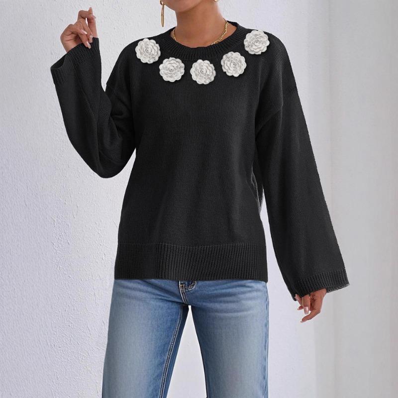 Hand Hooked Flower Splicing Autumn and Winter Loose Comfortable Casual Solid Color Long-sleeved Top Round Neck Pullover Sweater