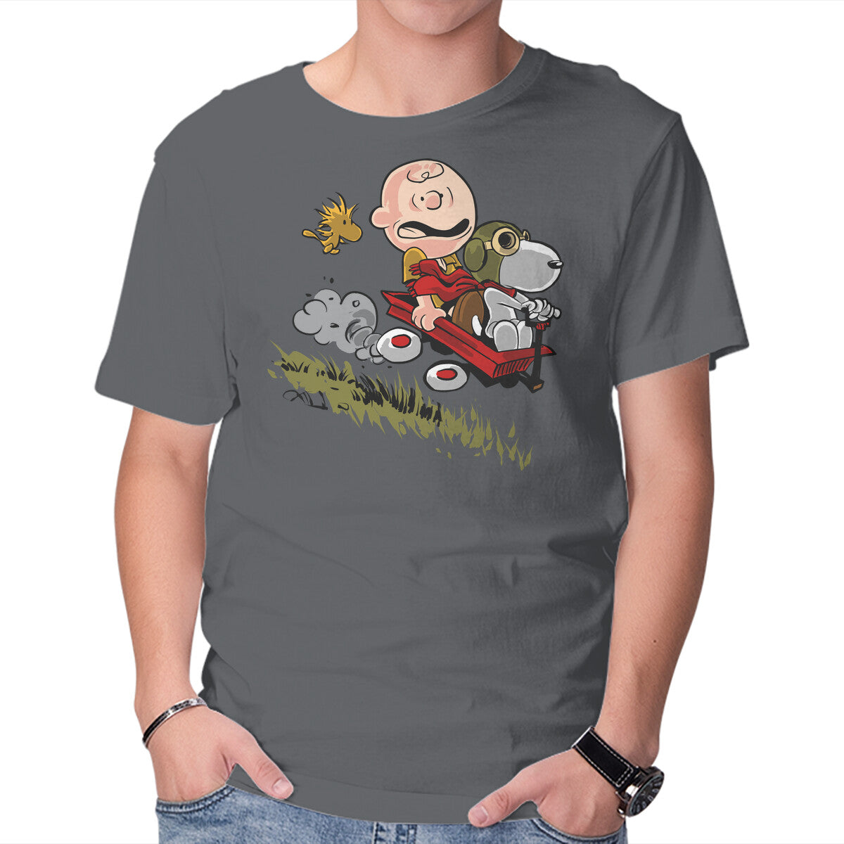 Unisex Crew Neck T-Shirt Charlie And Snoopy Graphic Short Sleeve Casual Tee M