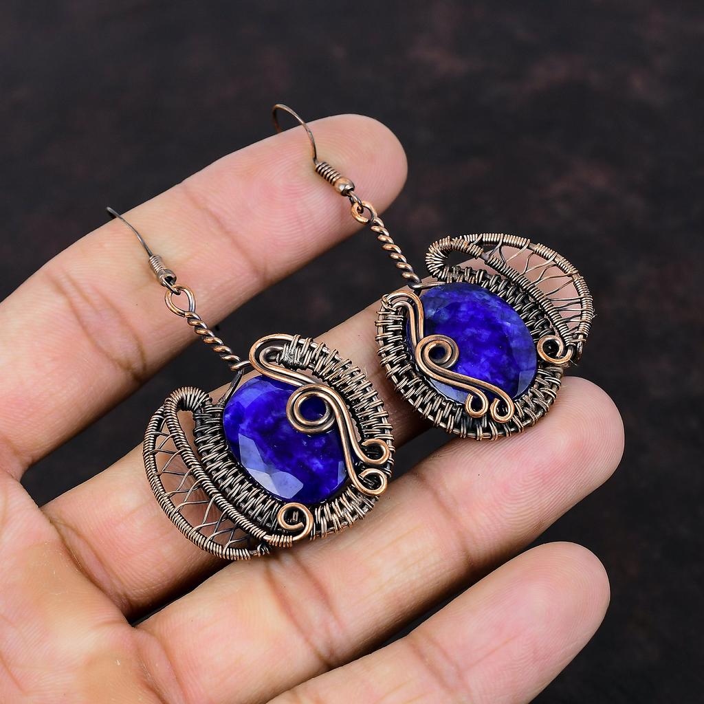 Faceted Blue Sapphire Earring Copper Wire Wrapped Earring Very Pretty Gemstone Earrings Copper Wire Jewelry Handmade Earring Gift For Mother