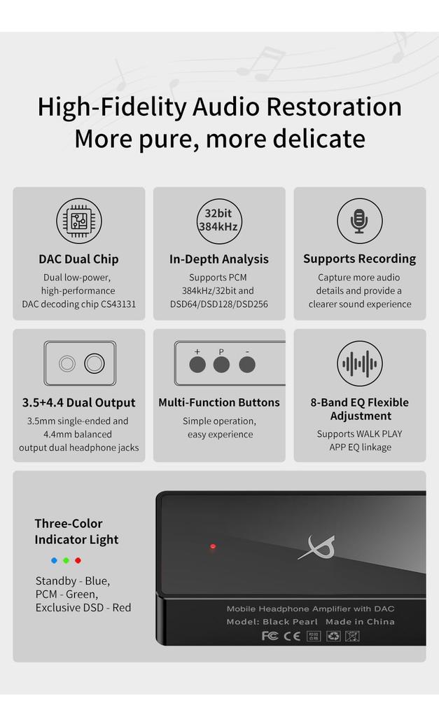 TRN BlackPearl Compact Smartphone AMP CS43131 Portable Headphone Jack Amplifier, DAC, [High-Resolution Support] 32-bit/384kHz DSD256, Chip, Amplifier,