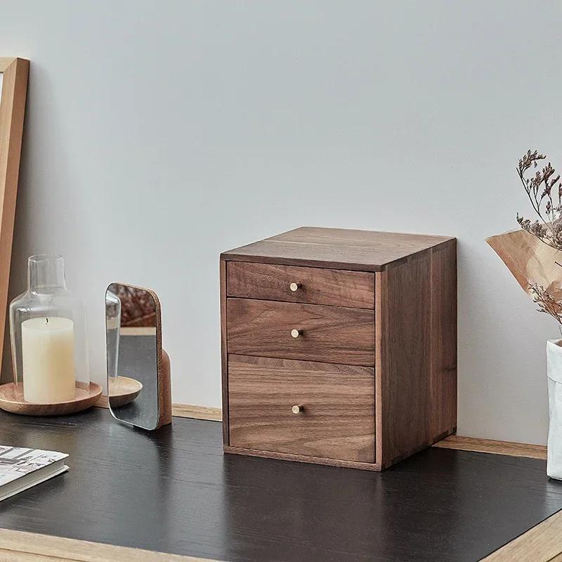 Black Walnut 3-Layer Dustproof Drawer Storage Living Room Cabinet Nordic Makeup Organizer Stackable Desktop Cupboard