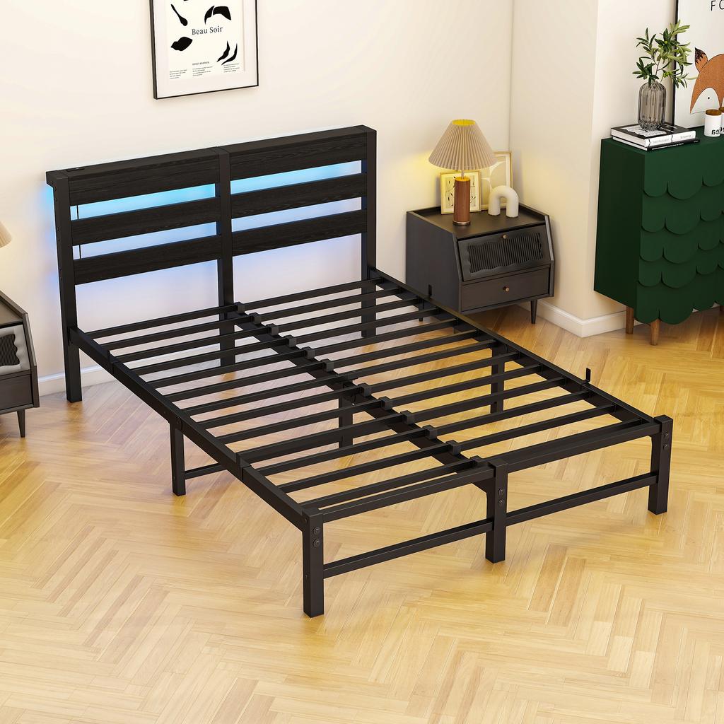120x200 Bed Frame with LED Lighting and USB Charging Station, Metal Bed Frame Without Mattress, with Storage Space Under the Bed