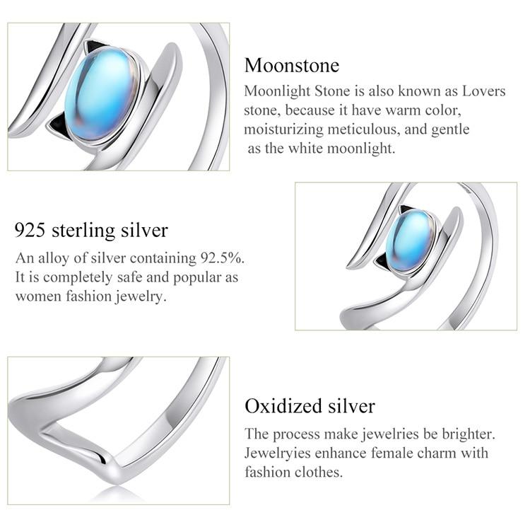 Bamoer Genuine 925 Sterling Silver Moonstone Cat Open Ring for Women New Trendy Girl Ring Women Statement Jewelry Exqusite Gift