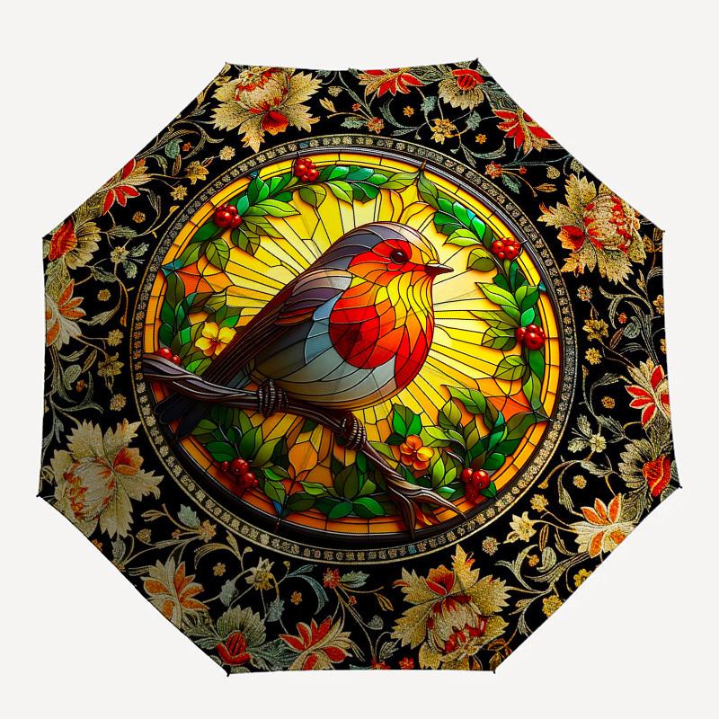 Color Retro BirdThemed Automatic Opening and Closing Umbrella - 8 Ribs, Suitable for Leisure and Going Out, Outdoor Accessory, Gothic Style,