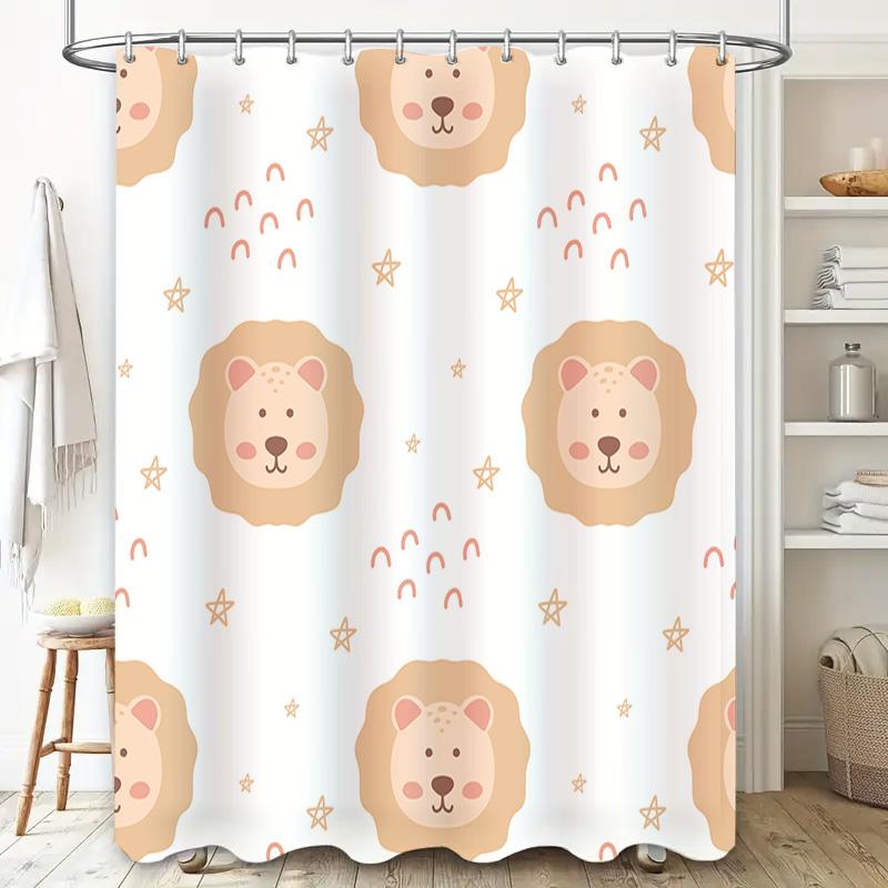 Cute Lion Print Shower Curtain Modern Bathroom Decor for Kids Room Waterproof Fabric with Hook Rings Set Light Pink Color Size: