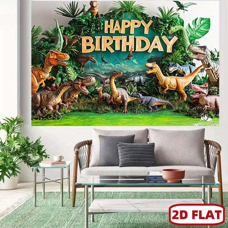 "Happy Birthday"—Realistic dinosaur characters, lush green plants and bright colors, suitable for indoor and outdoor party