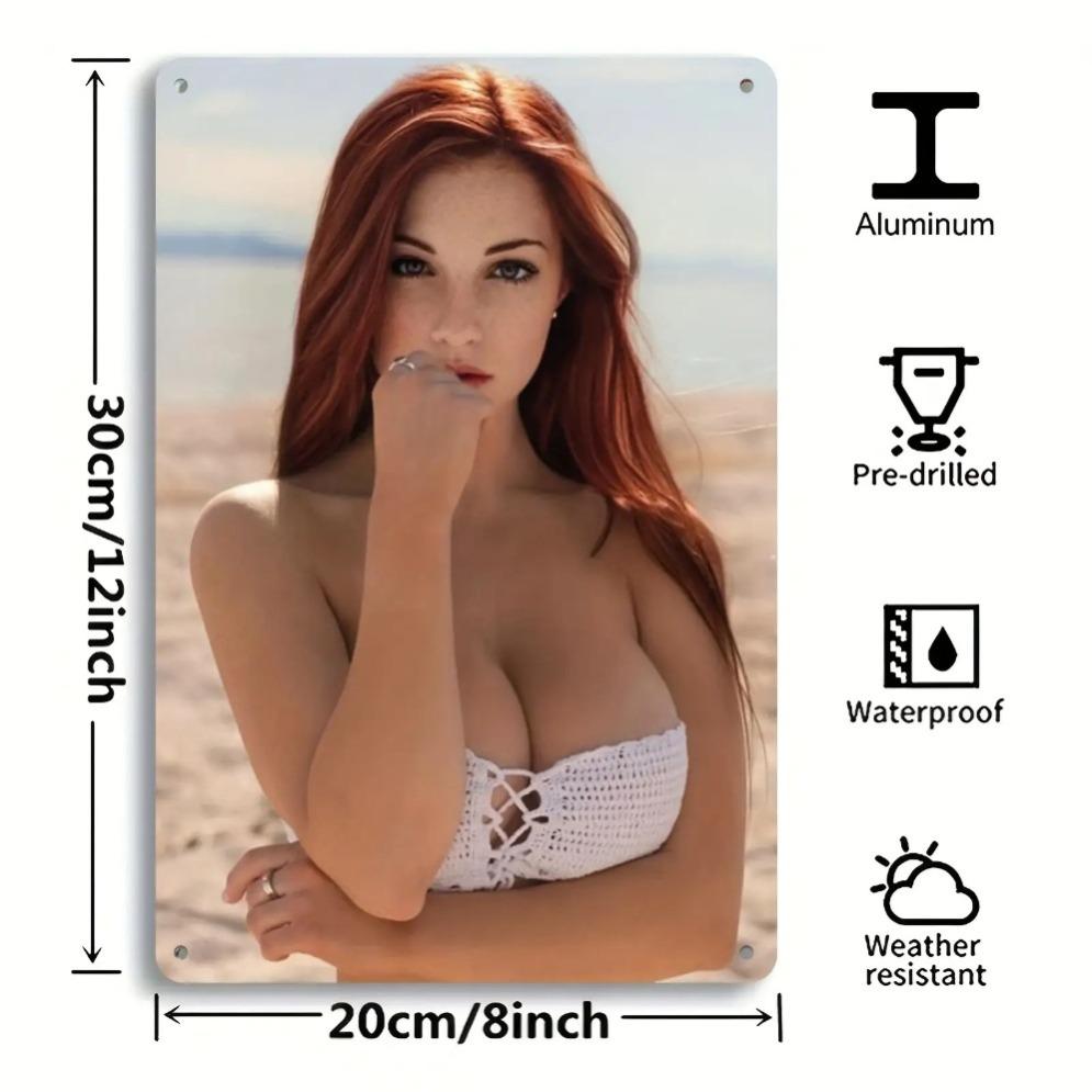 Vintage Metallwandkunst 2D Retro Strand Schild Rothaarige Dame Poster für Wohnzimmer Bar