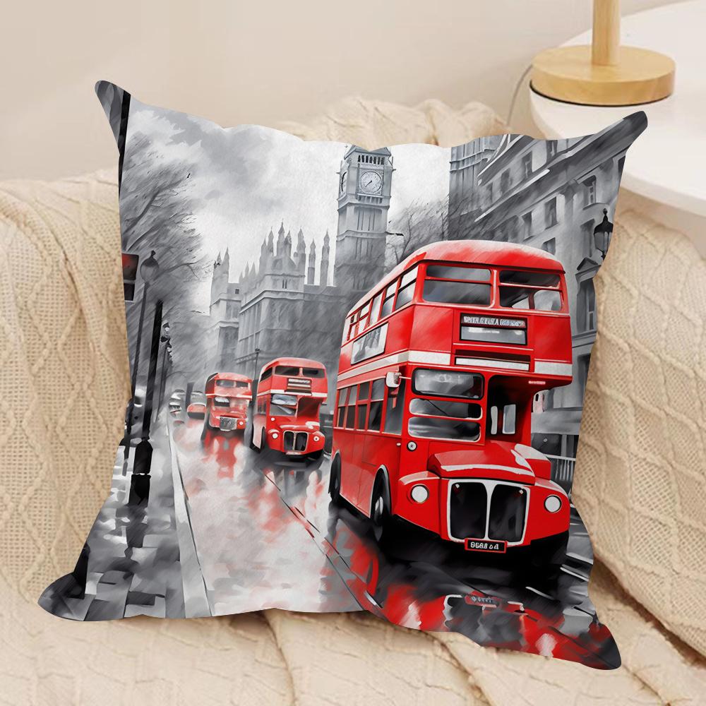 London Red Bus Print Cushion Cover Silky Short Plush Invisible Zipper Dustproof Sofa Pillow Case for Home Decor