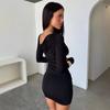 European and American Women's Clothing Design Sense Diagonal Collar Tight Streamer Long-sleeved Short Skirt Sexy Hot Girl Fashion Versatile Dress