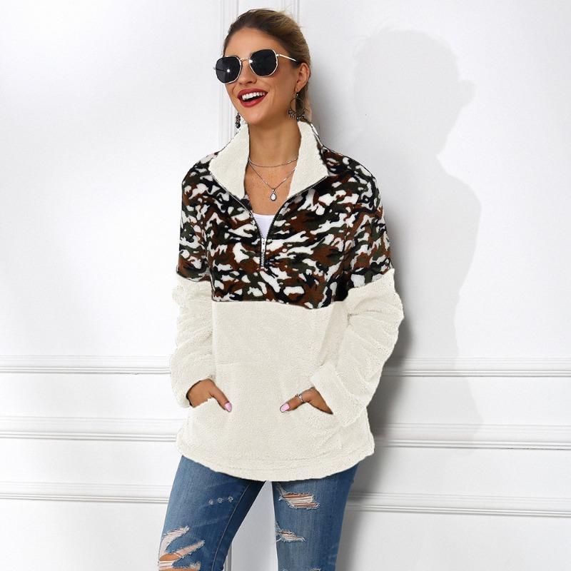 2025 New Zipper Lapel Double-sided Velvet Leopard Print Spliced Sweatshirt for Women