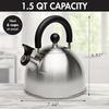 Stewart Whistling Stovetop Tea Kettle Food Grade Stainless Steel Hot Water Fast to Boil Cool Touch Folding 1.5Quart Brushed wit