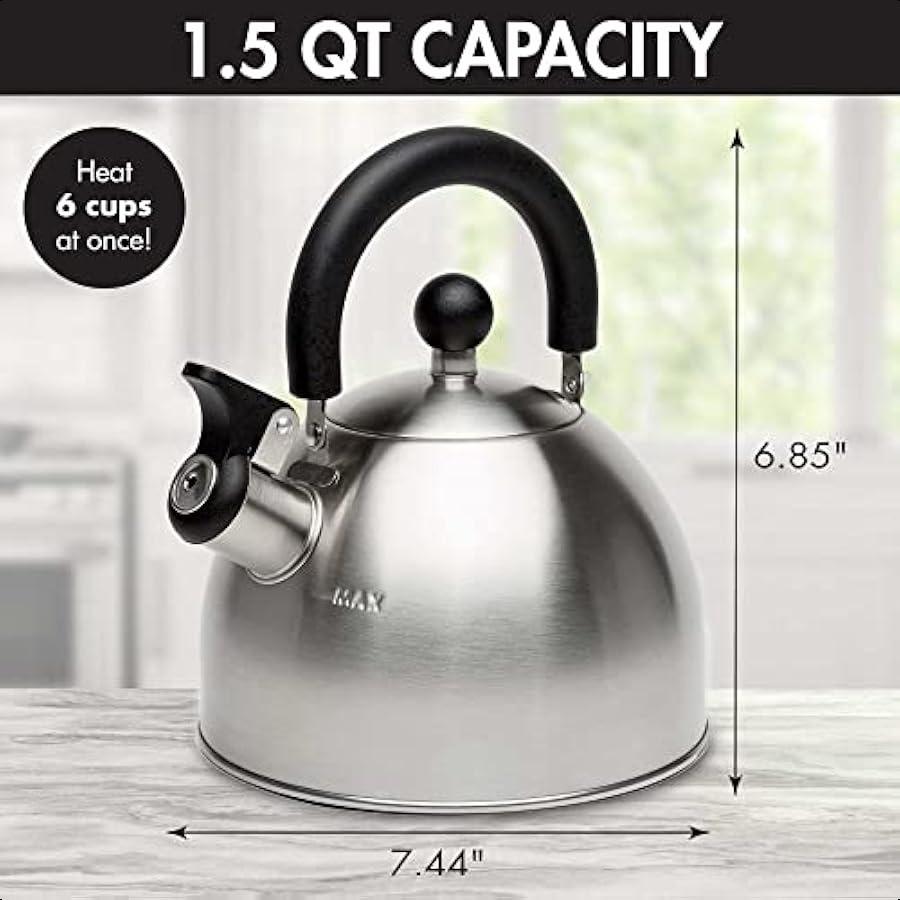 Stewart Whistling Stovetop Tea Kettle Food Grade Stainless Steel Hot Water Fast to Boil Cool Touch Folding 1.5Quart Brushed wit