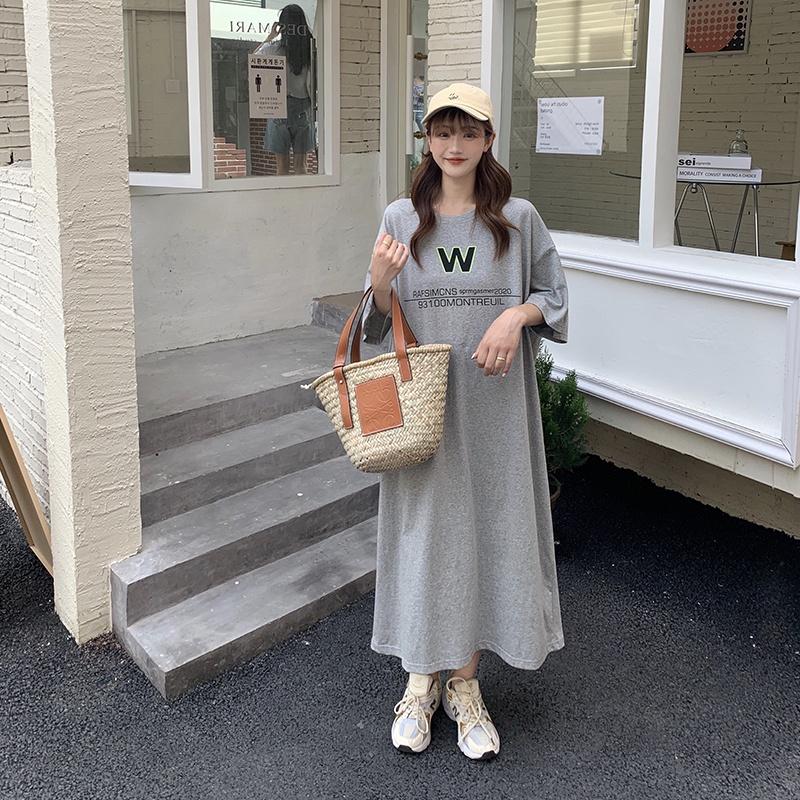 Loose-fitting Large-sized Women's Round-neck Short-sleeved T-shirt Dress, Long Laid-back Style Dress, Knee-length Sleeping Dress