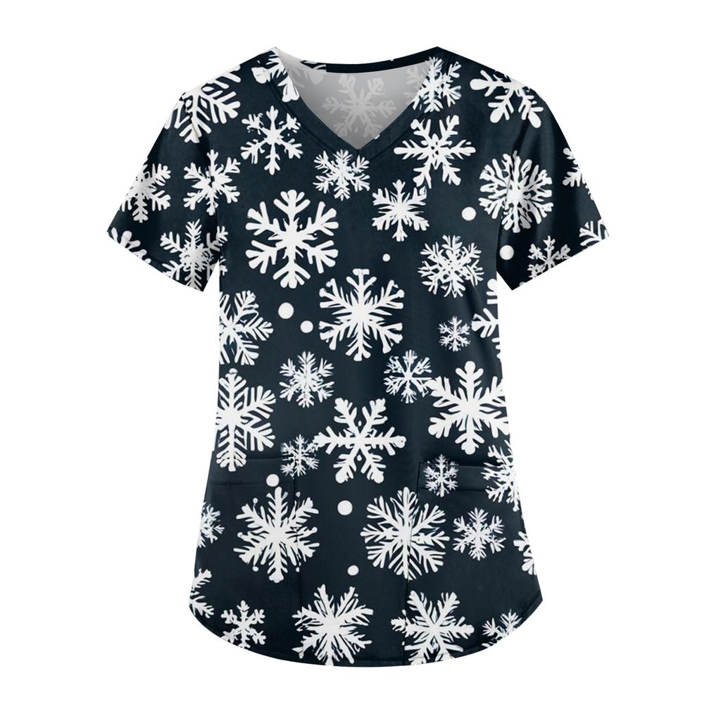 Women's Fashion V-Neck Short Sleeve Workwear With Pocket Christmas Printed Top