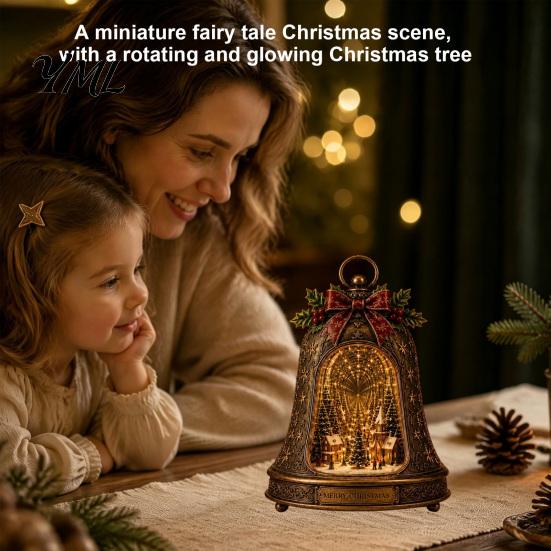 Holiday Shelf Display Christmas Village Infinity Bell Ornament, Vintage Glowing Rotating Snow Scene Decor Indoor Accessories with Angel Wreath Heart,