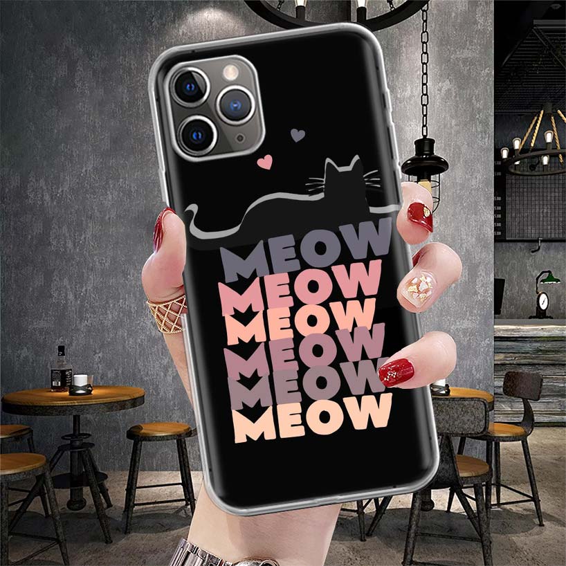 Anime Cute Black Cat Meow Soft Phone Case For IPhone 11 17 Air 16E 16 Pro Max 15 + 14 Plus 13 Mini 12 Apple 7 SE 8 Fundas Coque