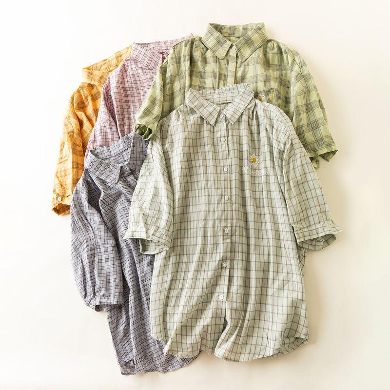 

Summer Korean Style Fresh Casual Loose Lapel Plaid Fashion Shirts Single-Breasted Elegant All-Match Short sleeve Top Yellow lattice flower All yards