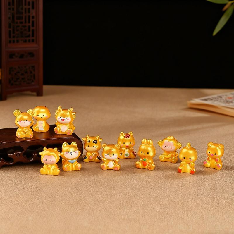 Cartoon Twelve Zodiac Gold Resin Small Ornaments Micro Landscape Creative Home Desktop Office Ornaments Animal Chinese Crafts