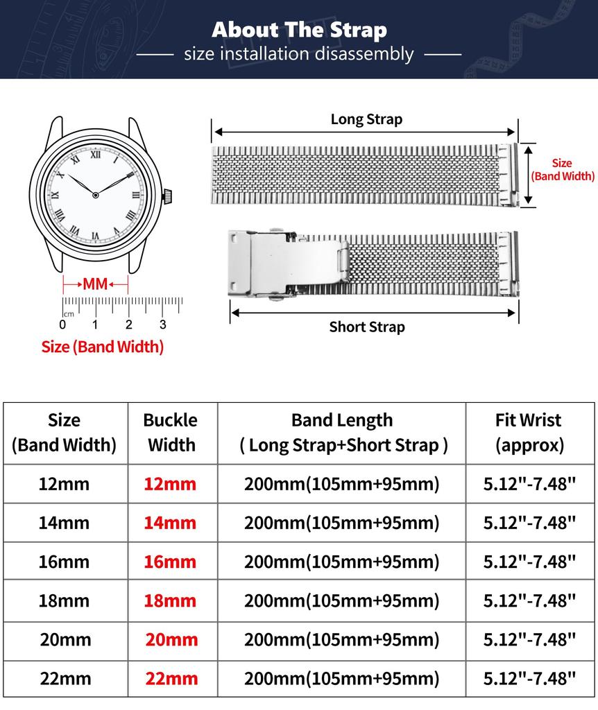 Stainless Steel Mesh Watch Quick Replacement Watch Strap for Men and 4 Colors Rose [BINLUN] Band, 12mm, 14mm, 16mm, 18mm, 20mm, 22mm, Ultra-Thin,
