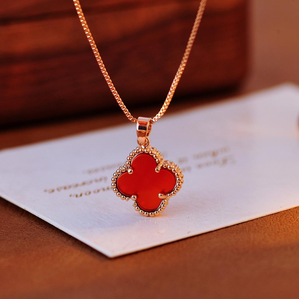 New Style Red Four-leaf Clover Necklace for Women Natural Red Agate Choker