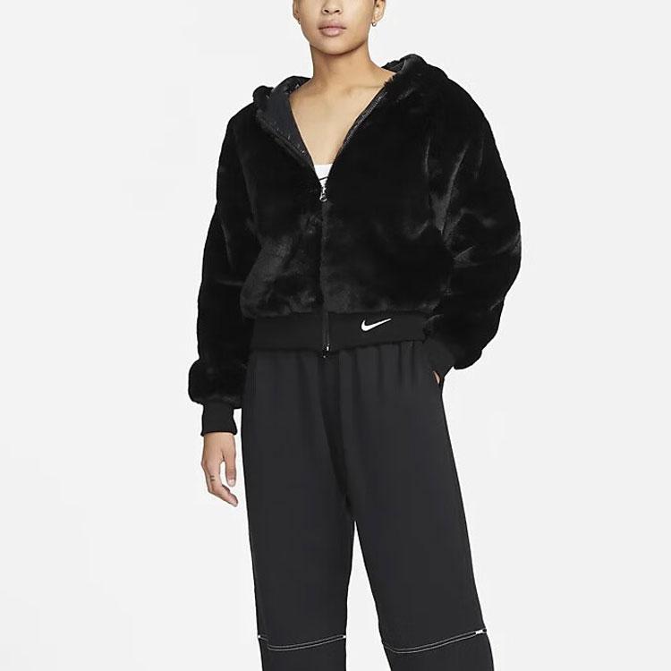 New Nike Sportswear Essentials Faux Fur Jacket Black/White DD5116-010
