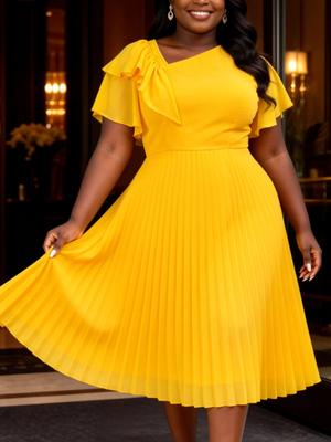 Übergröße Gelbe Chiffon A-Linienkleider Kurzarm Rüschen Hohe Taille Falten Freizeit Kirche Midi-Kleid