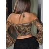 Cross-Border European and American Spring and Summer New off-Shoulder Sexy Sexy off-Shoulder Mesh Short Horn Long sleeves Shirt Top Women
