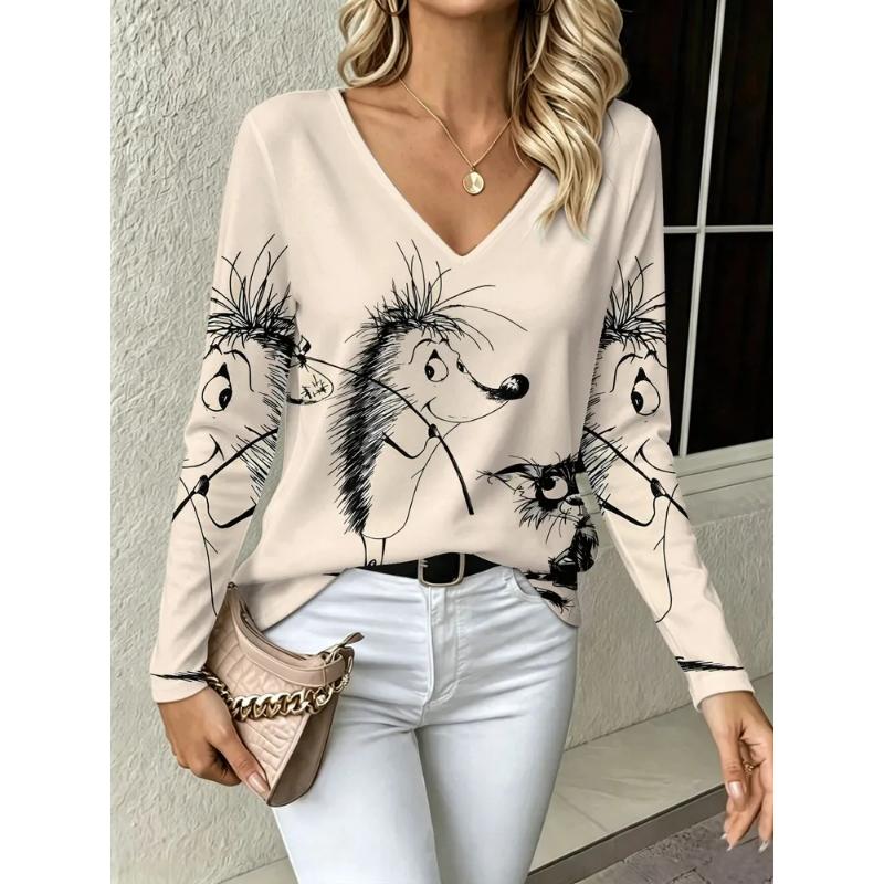 Fashion Women's V-Neck Long Sleeve 3D Animal Color Printing Casual Long Sleeve V-Neck T-Shirt