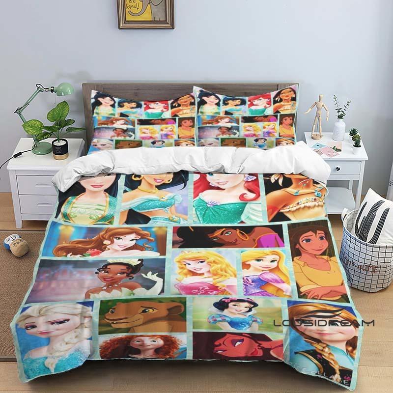 1pcDisney Princess 3D Printed Duvet Cover and Pillowcase Bedding Set, Suitable for Single, Double, King, and Queen Beds.