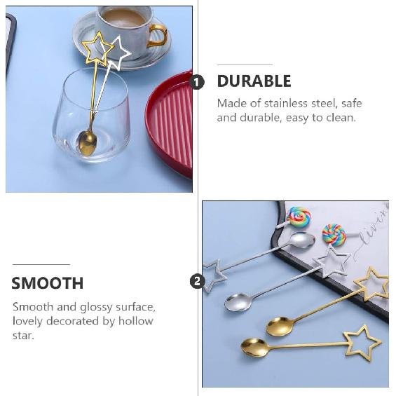 Hemoton Five-Pointed Star Dessert Spoon Set Stainless Steel Gold Coffee Tea Ice Cream Spoons 5.7 Inch Star Handle Flatware for Kitchen Dining