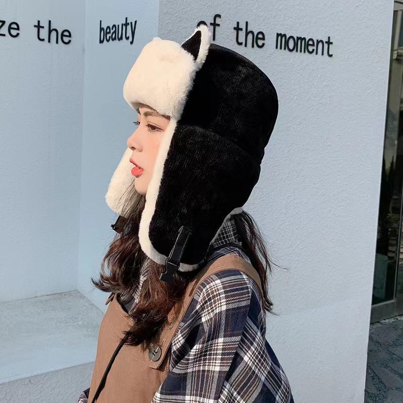 Korean Version Autumn and Winter Velvet Warm and Cute Cat Ear Lei Feng Hat Windproof and Cold Proof Ear Protection Hat for Women
