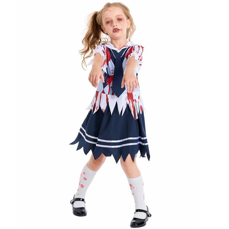 Halloween Costume Girls School Uniform Cosplay Outfit With Blood Stain Design Kids Performance Dress