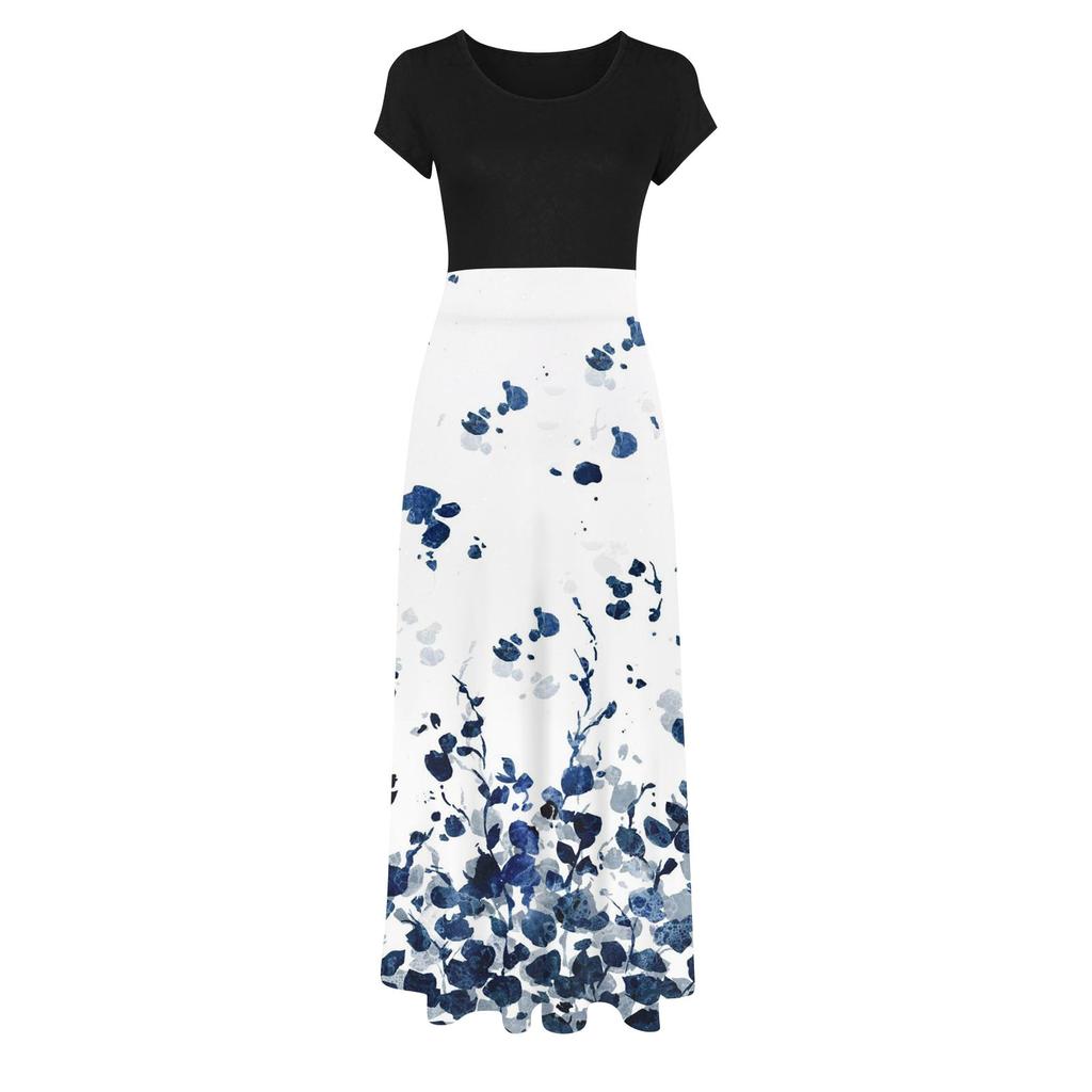 Women's Summer Fashion Casual Vintage Printed Crewneck Short Sleeve Maxi Skirt