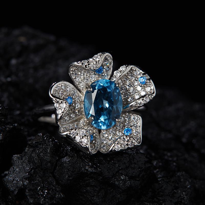 S925 Sterling Silver Natural Topaz Garnet Color Treasure Ring Women'S Fashion Trendy Flower Design Xiaohongshu
