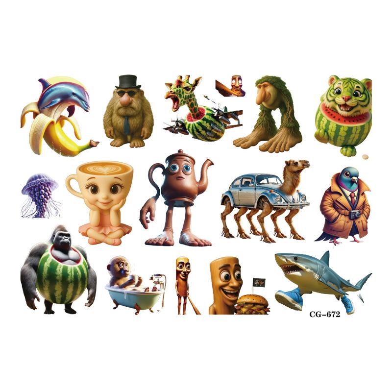 Abstract Tung Tung Sahur Animal Tattoo Stickers Italian Brainrot Funny Temporary Waterproof Tattoos Arm Decals Kids Party Gift