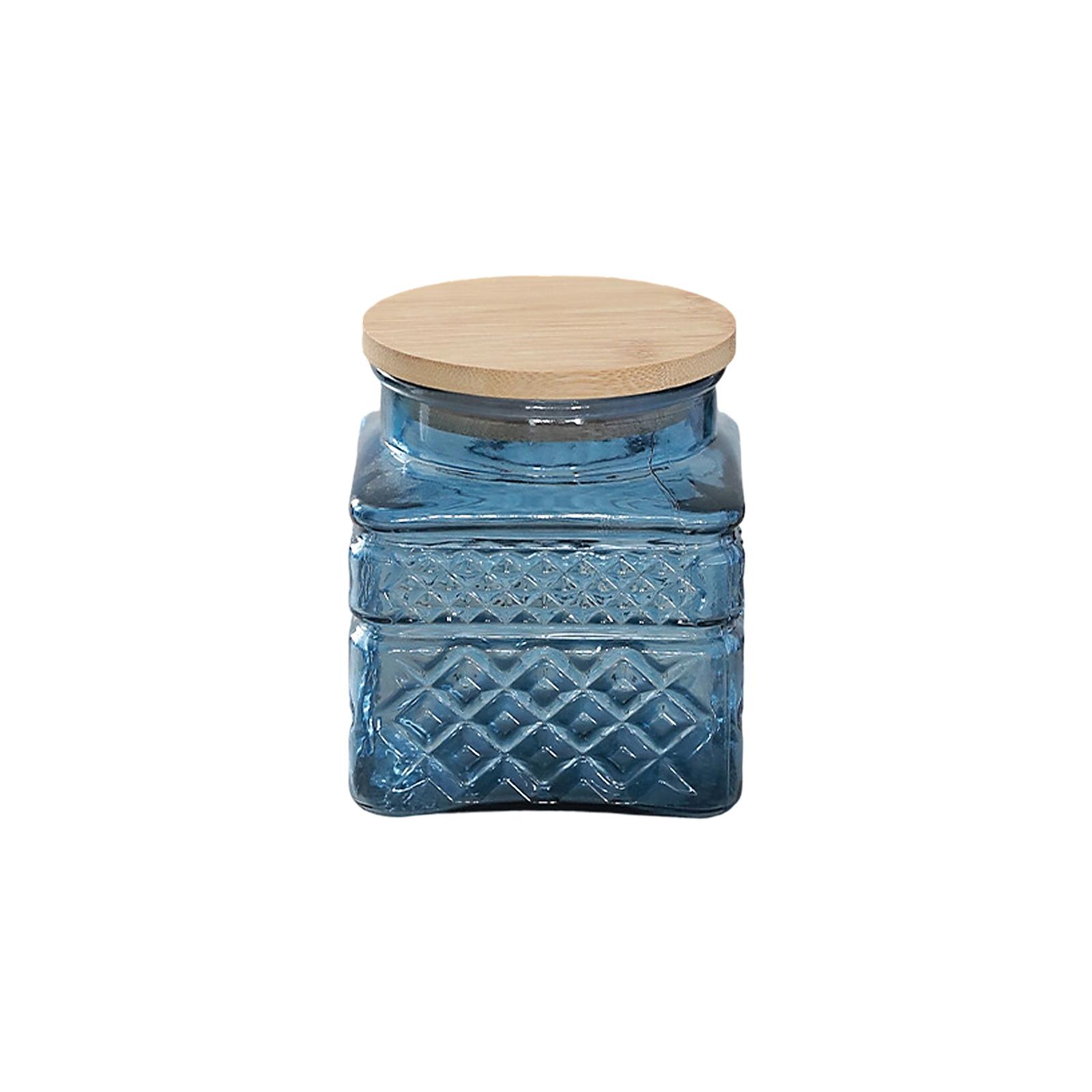 

Nordic Inspired Hexagonal Pattern Glass Container With Wooden Cover Geometric Pattern Jar For Home Decoration синій