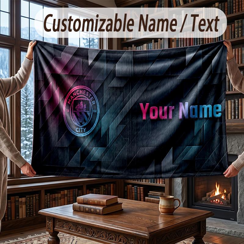 Custom Name Flannel Throw Blanket Manchester City Pattern Warm Home Decoration