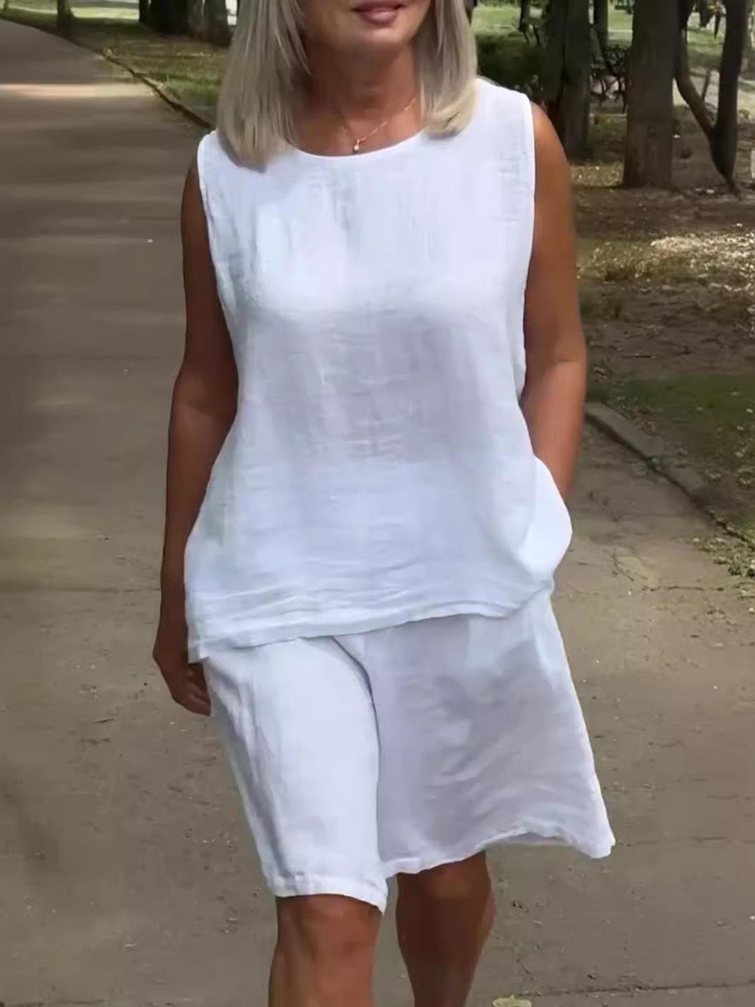 

Женский повседневный комплект без рукавов из хлопка и льна 2025 года – Круглый вырез Large белый