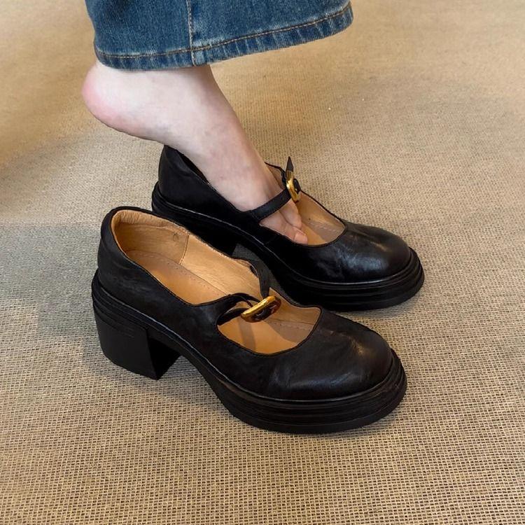 Thick-soled Round Head Small Leather Shoes Women's 2025 British Versatile Retro Light Mouth One-word Buckle Thick Heel Mary Jane Shoes Single Shoes